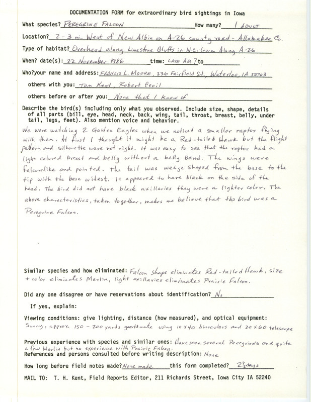 Rare bird documentation form for a Peregrine Falcon west of New Albin in Allamakee County, IA on November 22, 1986.