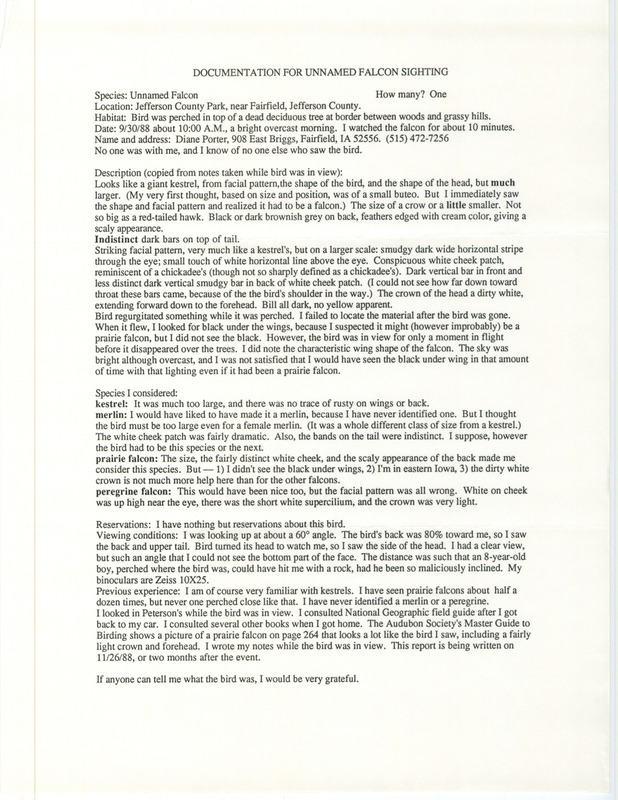 Rare bird documentation form for an unnamed Falcon (likely an immature Tundra Peregrine Falcon) at Jefferson County Park in Jefferson County, IA on September 30, 1988.