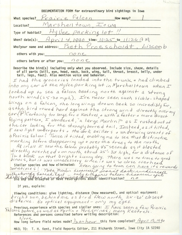 Rare bird documentation form for a Prairie Falcon at Marshalltown in Marshall County, IA on April 4, 1990.