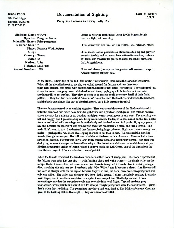 Rare bird documentation form for two Peregrine Falcons at Runnells Wildlife Area in Warren County, IA on September 14, 1991.