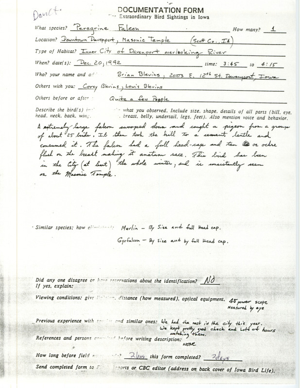 Rare bird documentation form for a Peregrine Falcon at Davenport in Scott County, IA on December 20, 1992.