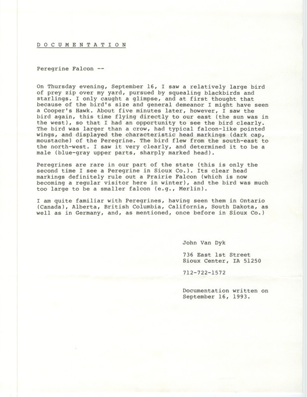 Rare bird documentation form for a Peregrine Falcon at Sioux Center in Sioux County, IA on September 16, 1993.