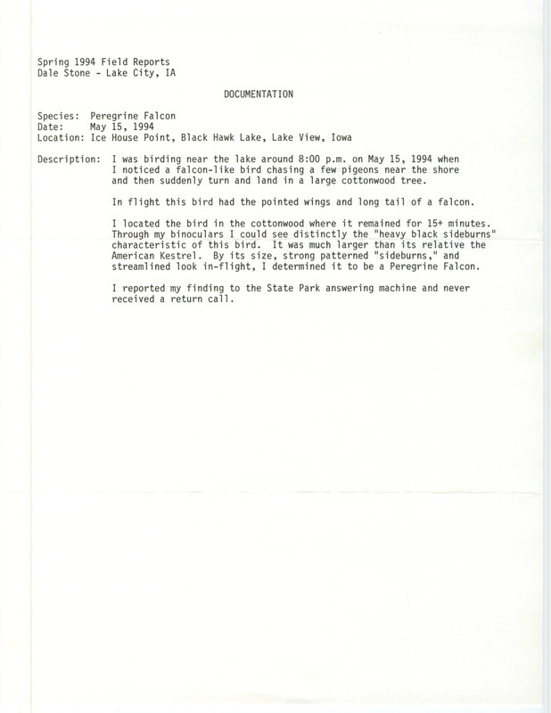 Rare bird documentation form for a Peregrine Falcon at Ice House Point at Black Hawk Lake in Sac County, IA on May 15, 1994.