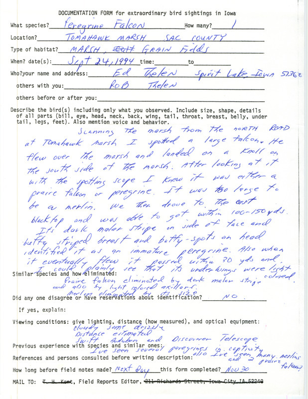 Rare bird documentation form for a Peregrine Falcon at Tomahawk March in Sac County, IA on September 24, 1994.