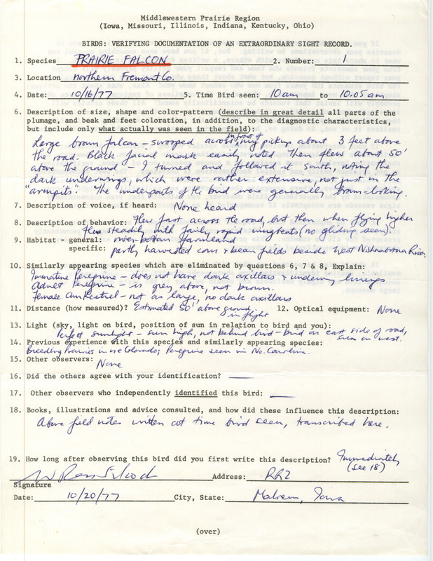 Rare bird documentation form for a Prairie Falcon at northern Fremont County, IA on October 16, 1977.