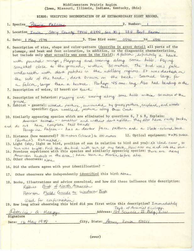 Rare bird documentation form for a Prairie Falcon at Iowa State University Beef Farm in Story County, IA on May 1, 1978.