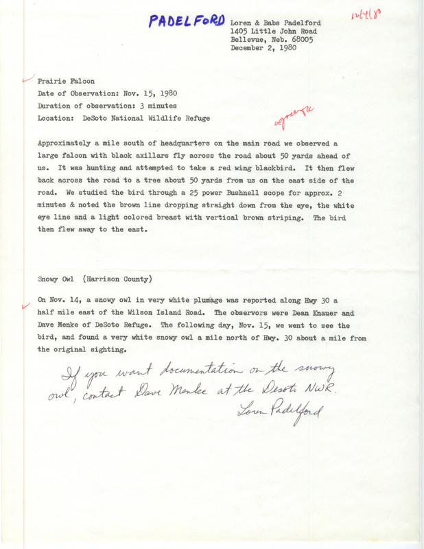 Rare bird sighting for a Prairie Falcon at DeSoto National Wildlife Refuge in Harrison County, IA on November 15, 1980 with additional species sighting information.