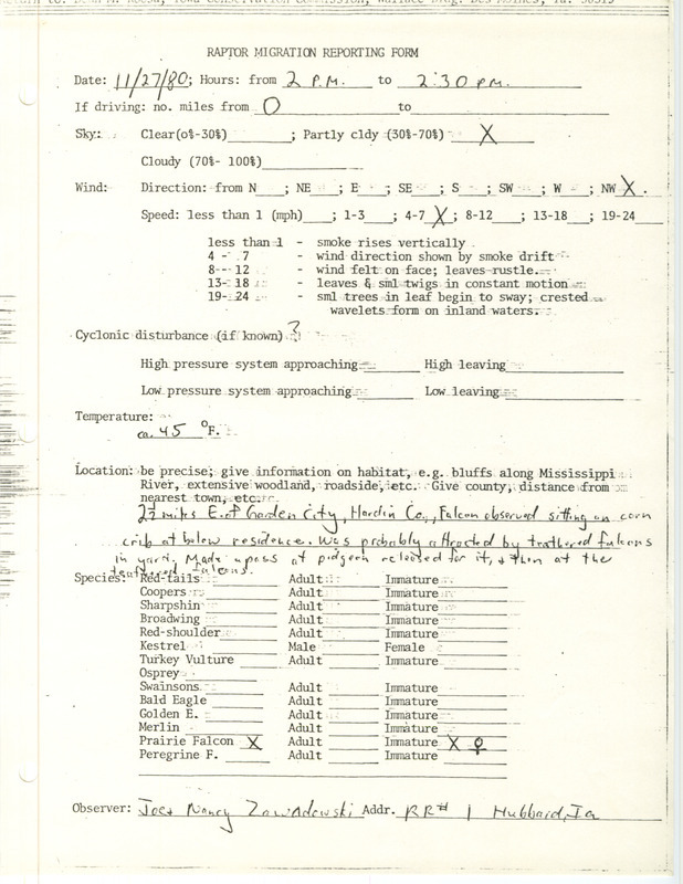 Rare bird sighting reported in a Raptor Migration Reporting Form for a Prairie Falcon east of Garden City in Hardin County, IA on November 27, 1980.