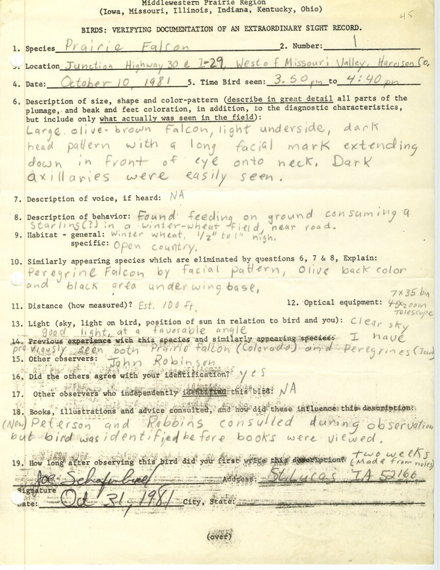 Rare bird documentation form for a Prairie Falcon at junction of U.S. Route 30 and Interstate 29 west of Missouri Valley in Harrison County, IA on October 10, 1981.