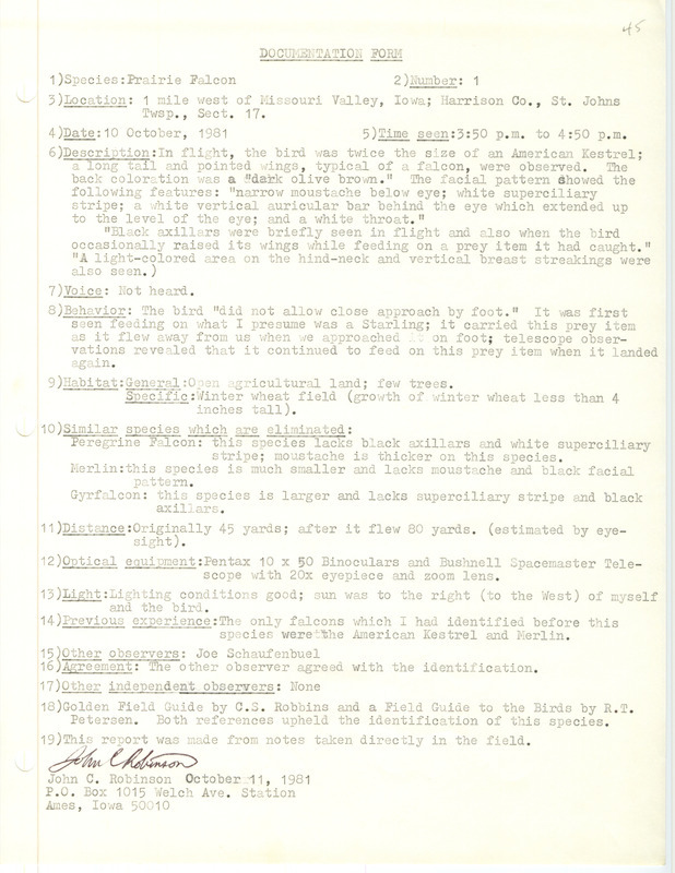 Rare bird documentation form for a Prairie Falcon at St. Johns Township in Harrison County, IA on October 10, 1981.