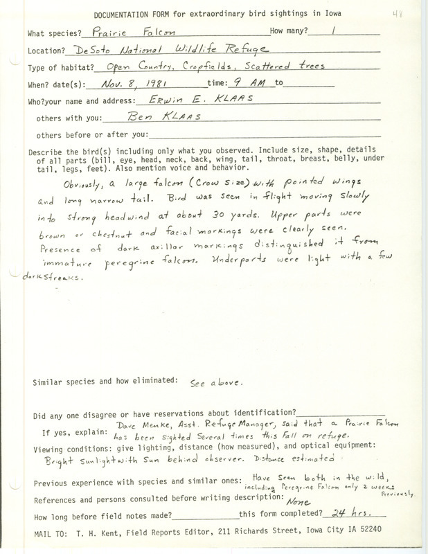 Rare bird documentation form for a Prairie Falcon at DeSoto National Wildlife Refuge in Harrison County, IA on November 8, 1981.