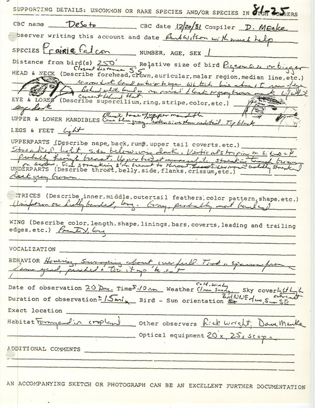 Rare bird documentation form for a Prairie Falcon at DeSoto National Wildlife Refuge in Harrison County, IA on December 20, 1981.