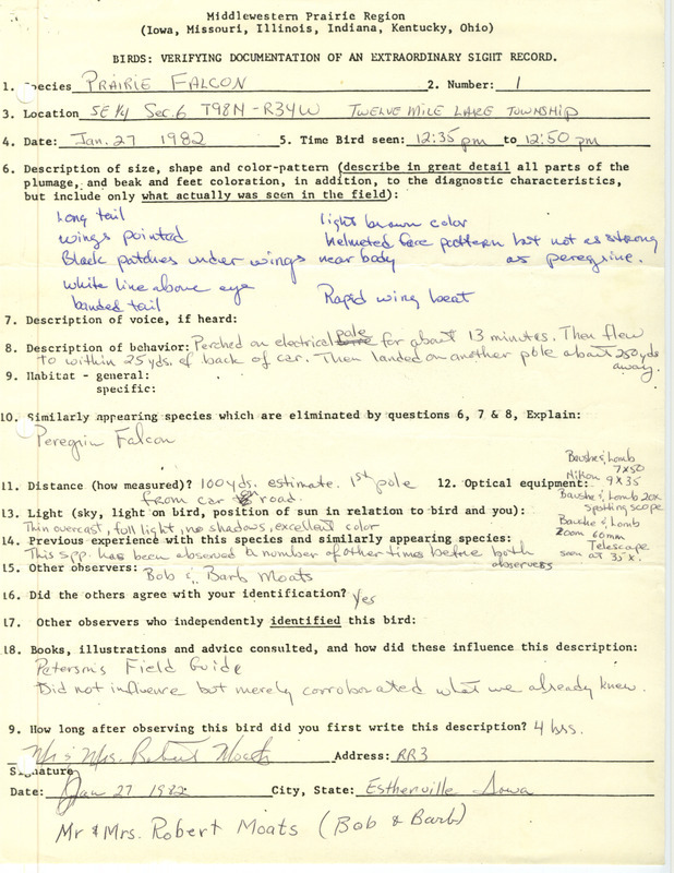 Rare bird documentation form for a Prairie Falcon at Twelve Mile Lake Township in Emmet County, IA on January 27, 1982.