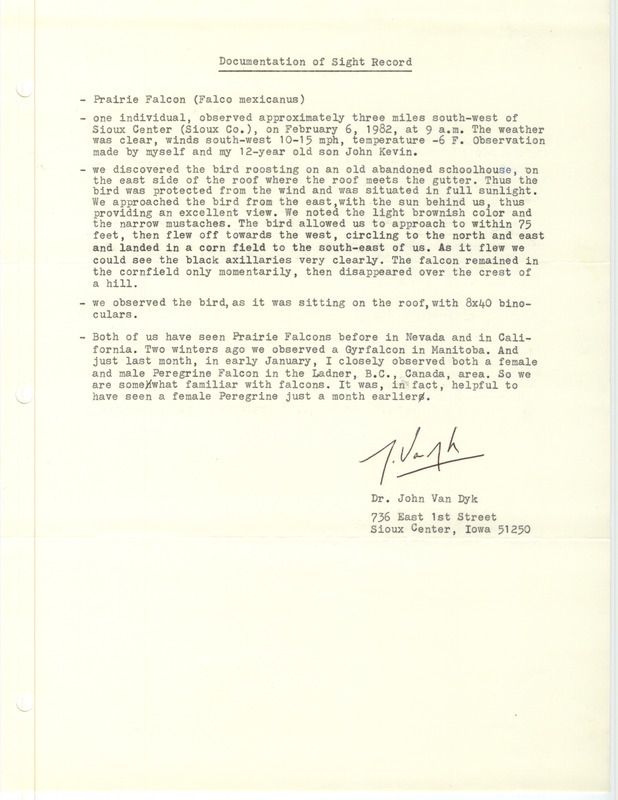 Rare bird documentation form for a Prairie Falcon at Sioux Center in Sioux County, IA on February 6, 1982.