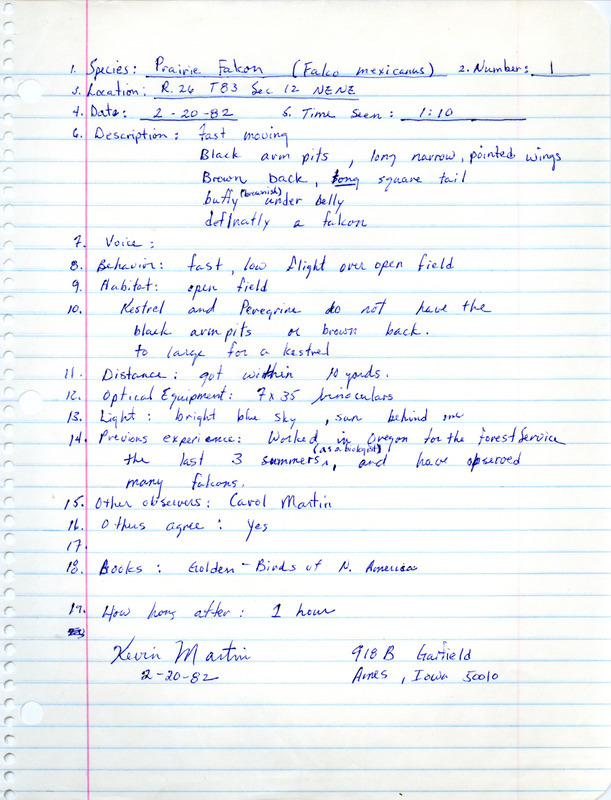 Rare bird documentation form for a Prairie Falcon at Harrison Township in Boone County, IA on February 20, 1982.