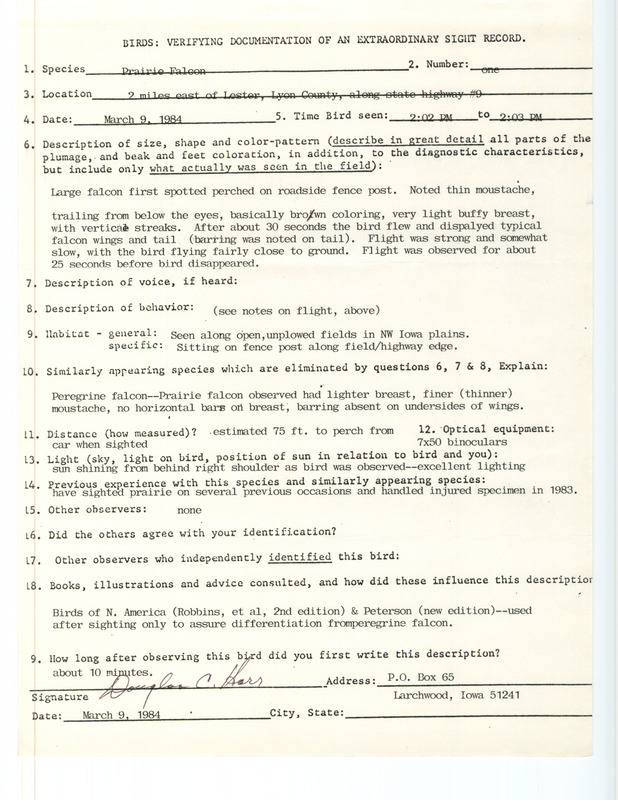 Rare bird documentation form for a Prairie Falcon east of Lester in Lyon County, IA on March 9, 1984.