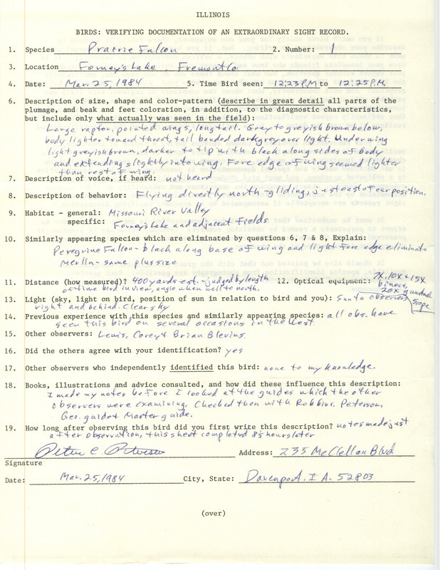 Rare bird documentation form for a Prairie Falcon at Forney's Lake in Fremont County, IA on March 25, 1984.