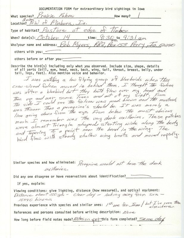 Rare bird documentation form for a Prairie Falcon northwest of Minburn in Dallas County, IA on October 14 in 1989.