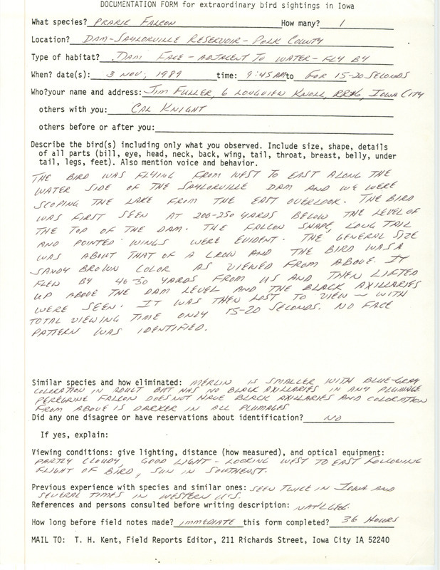 Rare bird documentation form for a Prairie Falcon at Saylorville Dam in Polk County, IA on November 3, 1989.