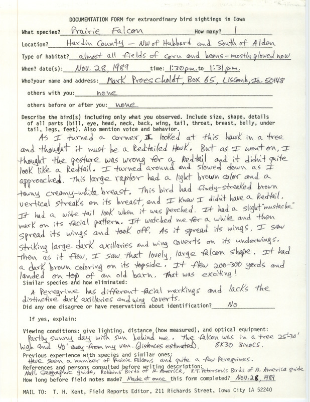 Rare bird documentation form for a Prairie Falcon northwest of Hubbard and south of Alden in Hardin County, IA on November 28, 1989.