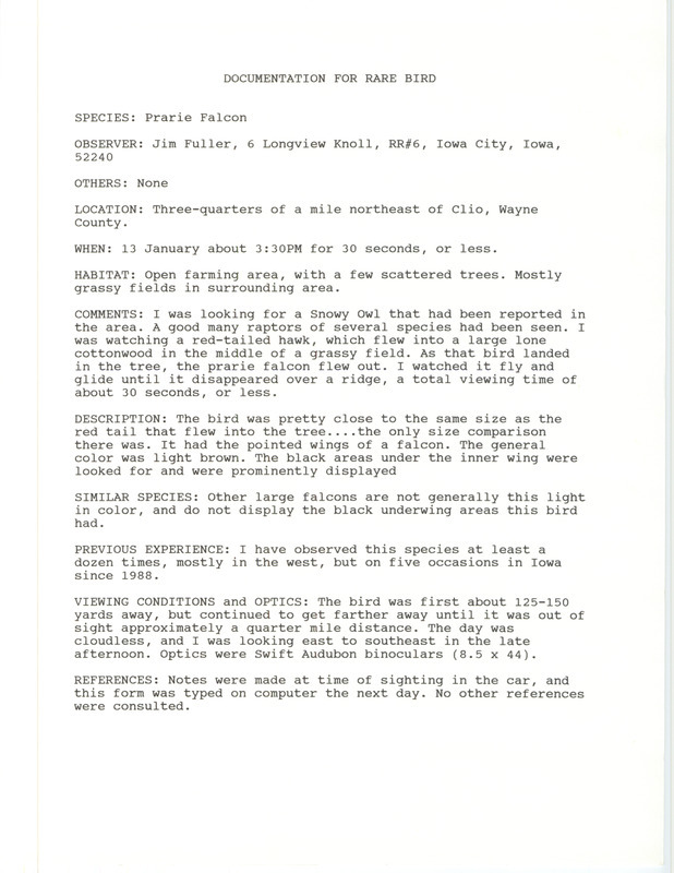 Rare bird documentation form for a Prairie Falcon northeast of Clio in Wayne County, IA on January 13 in 1991.