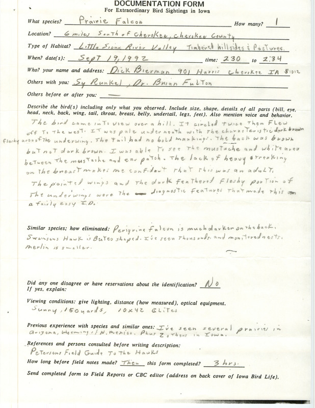 Rare bird documentation form for a Prairie Falcon south of Cherokee in Cherokee County, IA on September 19, 1992.