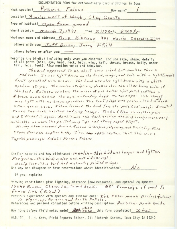 Rare bird documentation form for a Prairie Falcon west of Webb in Clay County, IA on March 7, 1991.