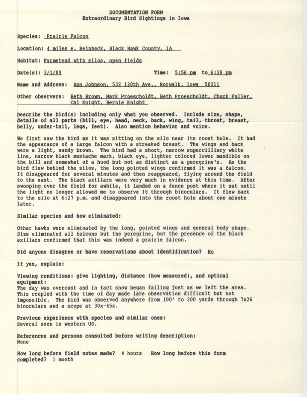 Rare bird documentation form for a Prairie Falcon east of Reinbeck in Black Hawk County, IA on March 1, 1989.