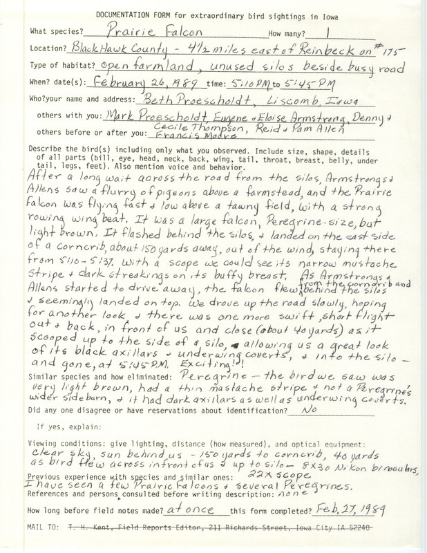 Rare bird documentation form for a Prairie Falcon east of Reinbeck in Black Hawk County, IA on February 26, 1989.