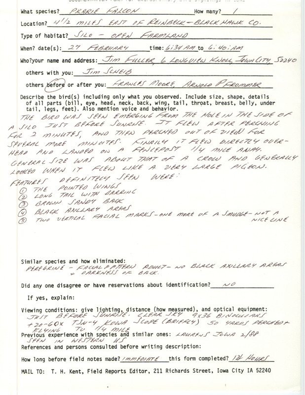 Rare bird documentation form for a Prairie Falcon east of Reinbeck in Black Hawk County, IA on February 27, 1989.