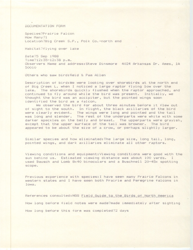 Rare bird documentation form for a Prairie Falcon at Big Creek State Park in Polk County, IA on September 5, 1988.