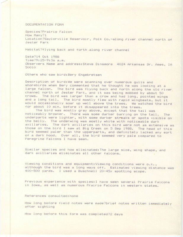 Rare bird documentation form for a Prairie Falcon at Saylorville Reservoir in Polk County, IA on October 14, 1988.