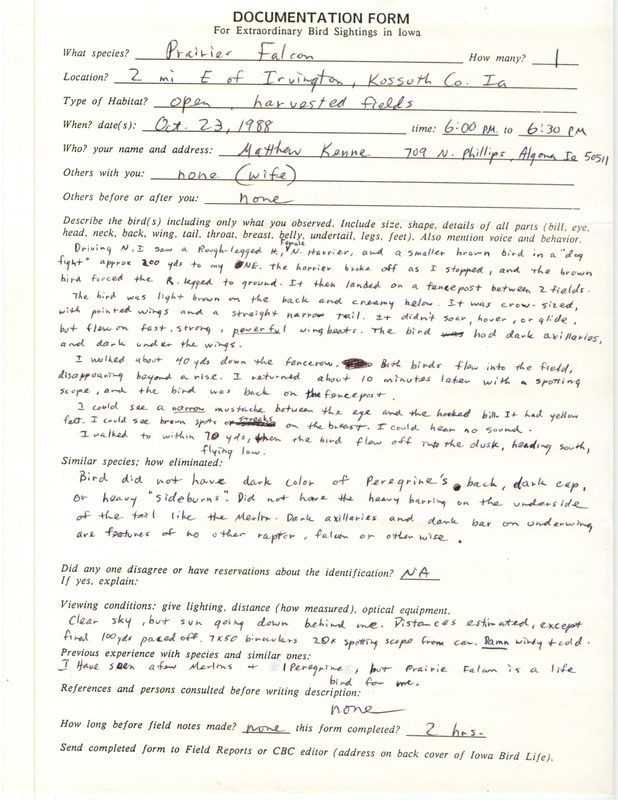 Rare bird documentation form for a Prairie Falcon east of Irvington in Kossuth County, IA on October 23, 1988.