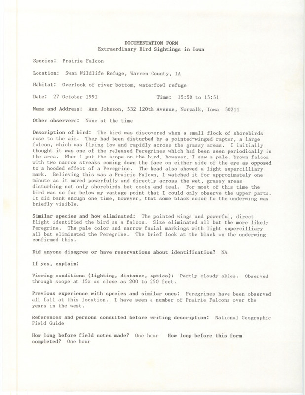 Rare bird documentation form for a Prairie Falcon at Swan Wildlife Refuge in Marion County, IA on October 27, 1991.