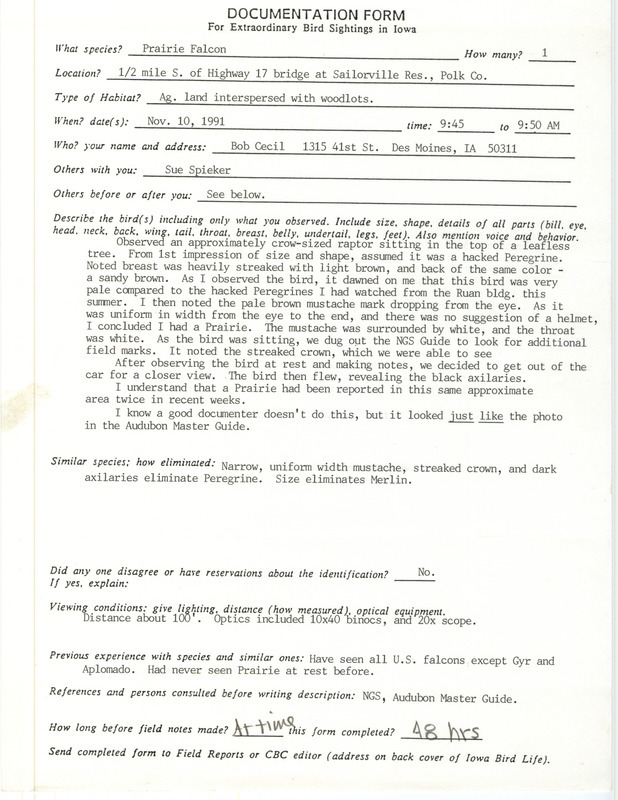 Rare bird documentation form for a Prairie Falcon south of Saylorville Reservoir in Polk County, IA on November 10, 1991.