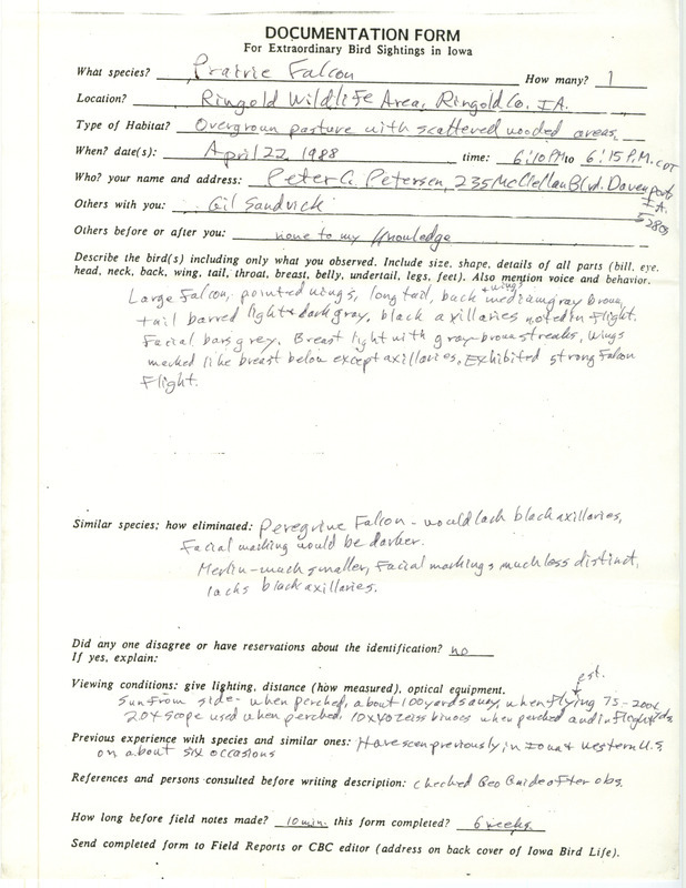 Rare bird documentation form for a Prairie Falcon at Ringgold Wildlife Area in Ringgold County, IA on April 22, 1988.