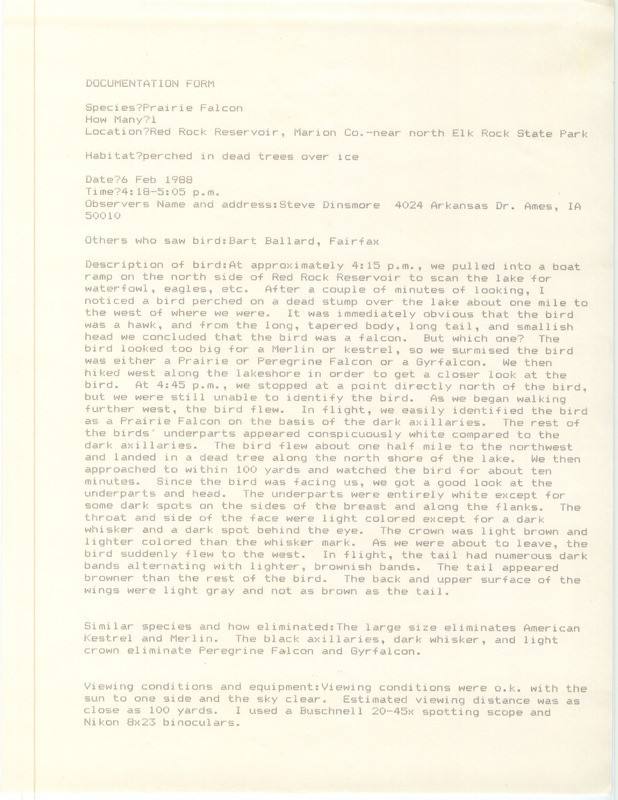 Rare bird documentation form for a Prairie Falcon at Red Rock Reservoir in Marion County, IA on February 6, 1988.