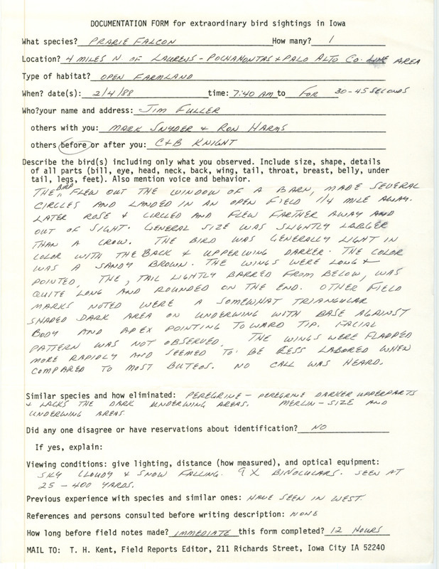 Rare bird documentation form for a Prairie Falcon north of Laurens in Pocahontas County, IA on February 4, 1988.