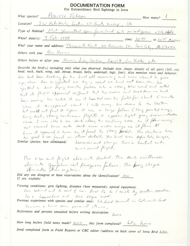 Rare bird documentation form for a Prairie Falcon at Booth Township in Palo Alto County, IA on February 7, 1988.