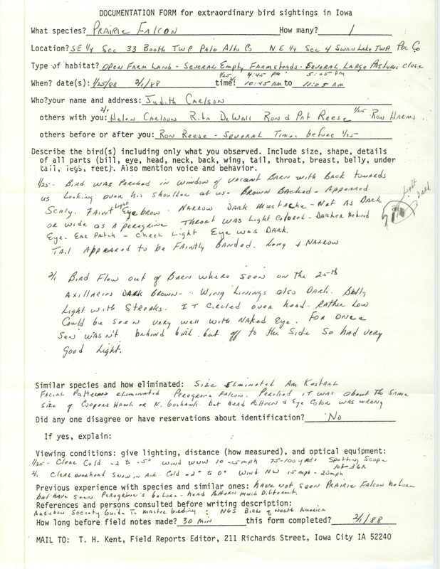 Rare bird documentation form for two separate sightings of Prairie Falcons in Iowa. The first sighting of a Prairie Falcon at Booth Township in Palo Alto County, IA on January 25, 1988. The second sighting of a Prairie Falcon in Swan Lake Township in Polk County, IA on February 1, 1988.