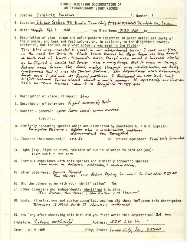 Rare bird documentation form for a Prairie Falcon at Booth Township in Palo Alto County, IA on February 3, 1988.