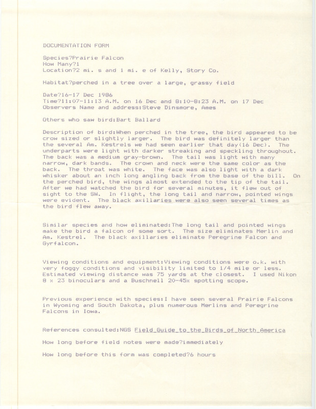 Rare bird documentation form for a Prairie Falcon southeast of Kelley in Story County, IA on December 16, 1986.