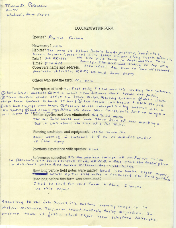 Rare bird documentation form for a Prairie Falcon in Cass County east of Walnut, IA on October 25, 1990.