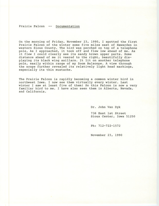 Rare bird documentation form for a Prairie Falcon east of Hawarden in western Sioux County, IA on November 23, 1990.