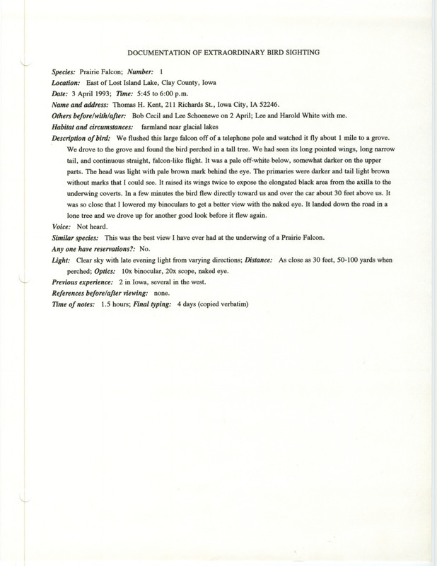 Rare bird documentation form for a Prairie Falcon east of Lost Island Lake in Palo Alto County, IA on April 3, 1993.