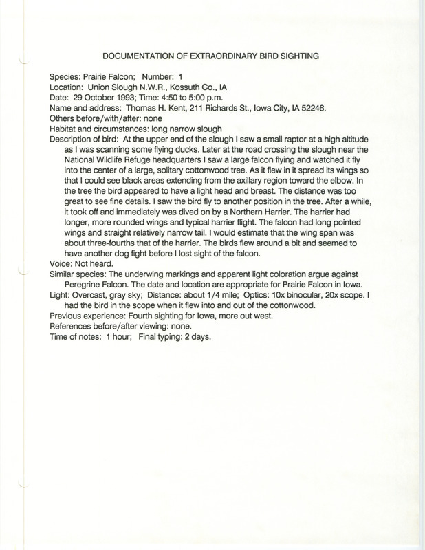 Rare bird documentation form for a Prairie Falcon at Union Slough National Wildlife Refuge in Kossuth County, IA on October 29, 1993.