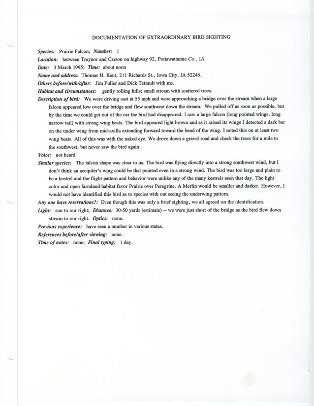 Rare bird documentation form for a Prairie Falcon between Treynor and Carson in Pottawattamie County, IA on March 3, 1995.