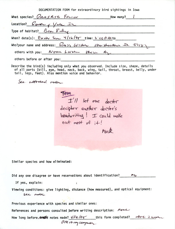 Rare bird documentation form for a Prairie Falcon south of Yale in Guthrie County, IA on April 16, 1995.