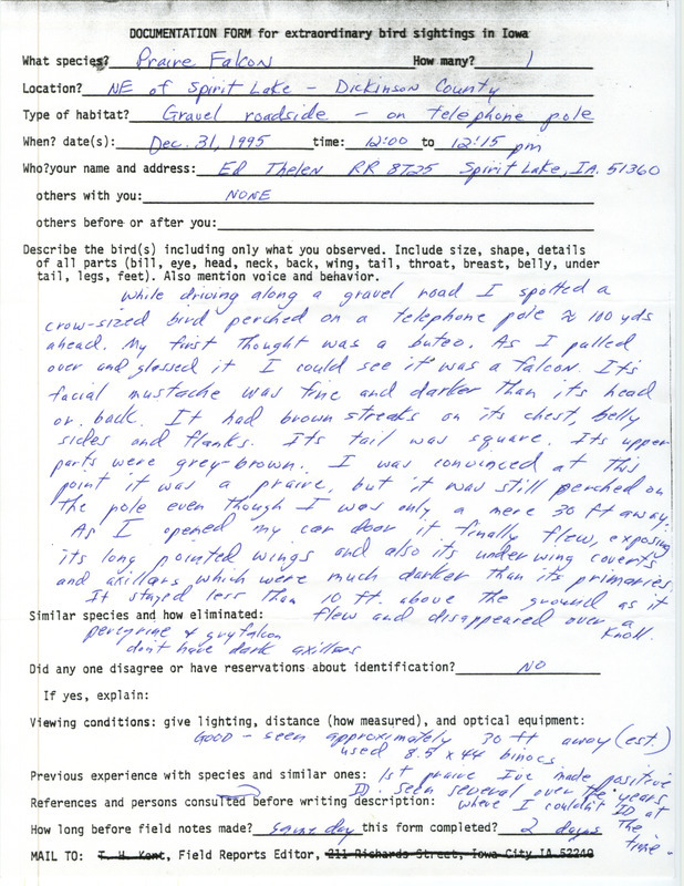 Rare bird documentation form for a Prairie Falcon northeast of Spirit Lake in Dickinson County, IA on December 31, 1995.