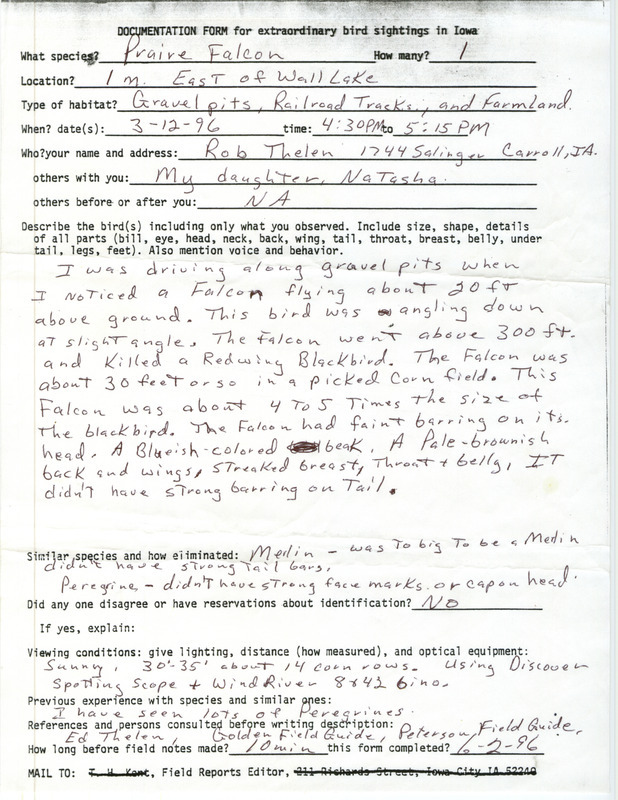 Rare bird documentation form for a Prairie Falcon east of Wall Lake in Sac County, IA on March 12, 1996.